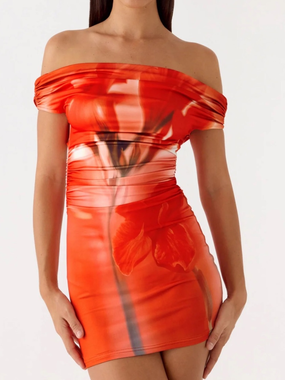 Peppermayo Orange-Red One Shoulder Ruched Mini Dress L nwt